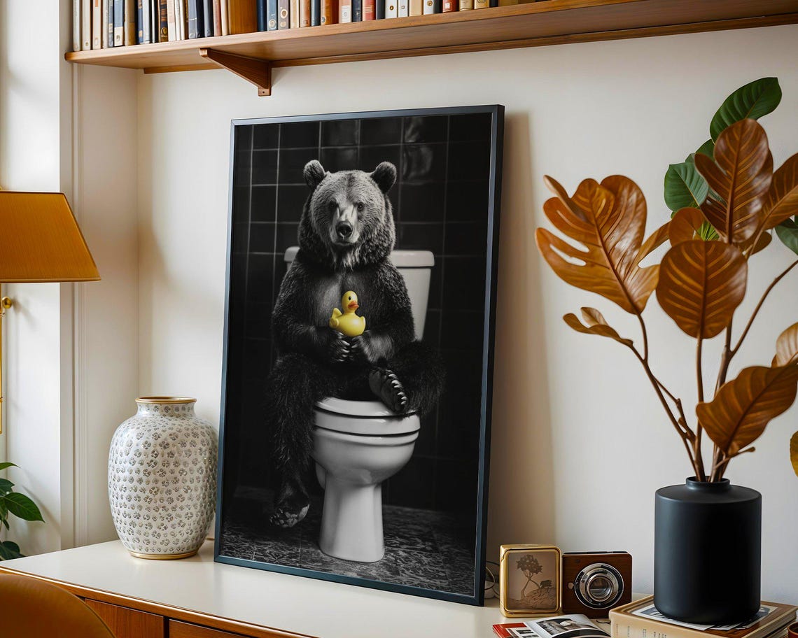 Bear Sitting On A Toilet Holding A Yellow Rubber Duck Poster - Image 5