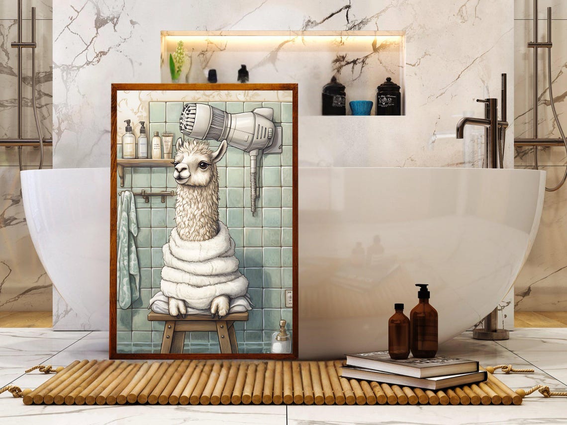 Alpaca Wrapped in a Towel Enjoying a Spa Day Bathroom Poster - Image 5