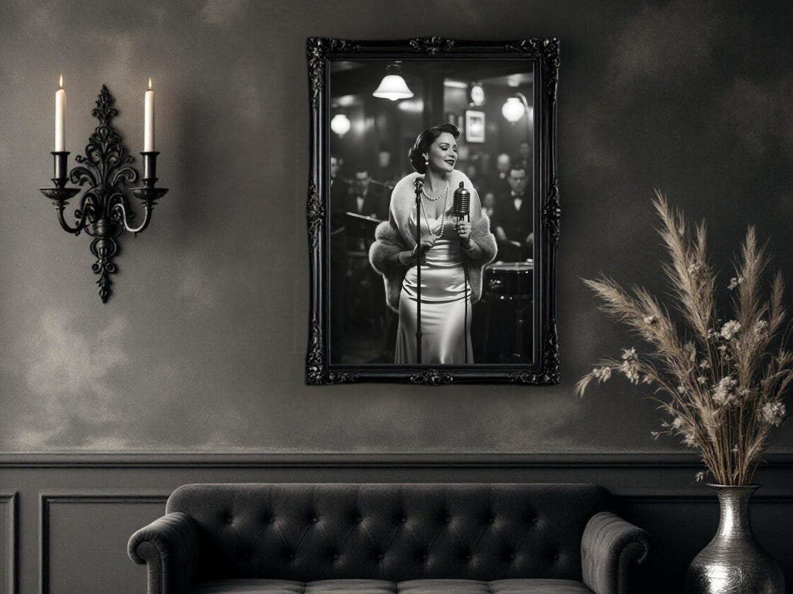 Vintage Jazz Club Singer at Classic Microphone with Big Band Poster - Image 4