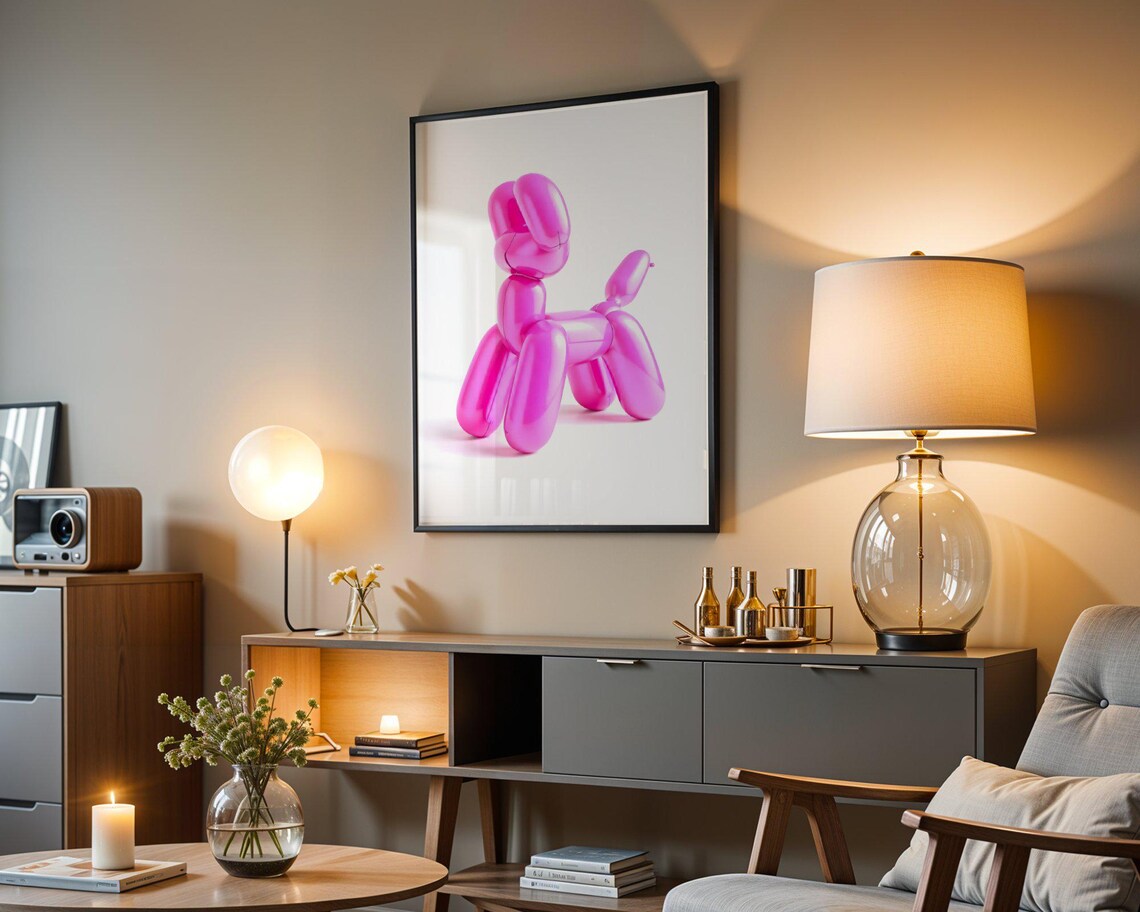 Pink Balloon Dog Pop Art Sculpture Modern Kids Room Wall Art - Image 3