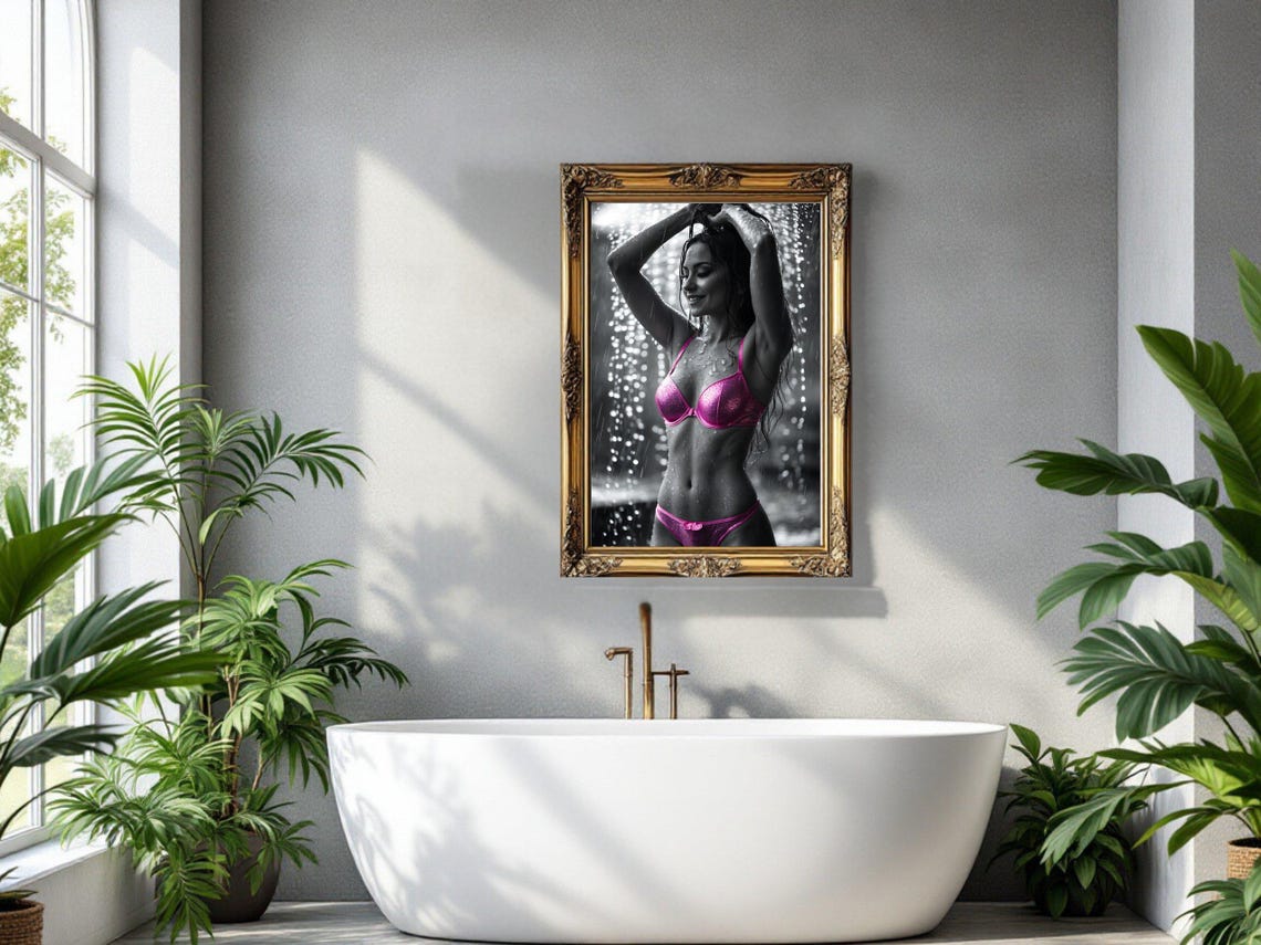 Sensual Wall Art Print Sexy Woman In Rain Photograph Bold Black And White Art With Hot Pink Accents Unique Home Decor - Image 3