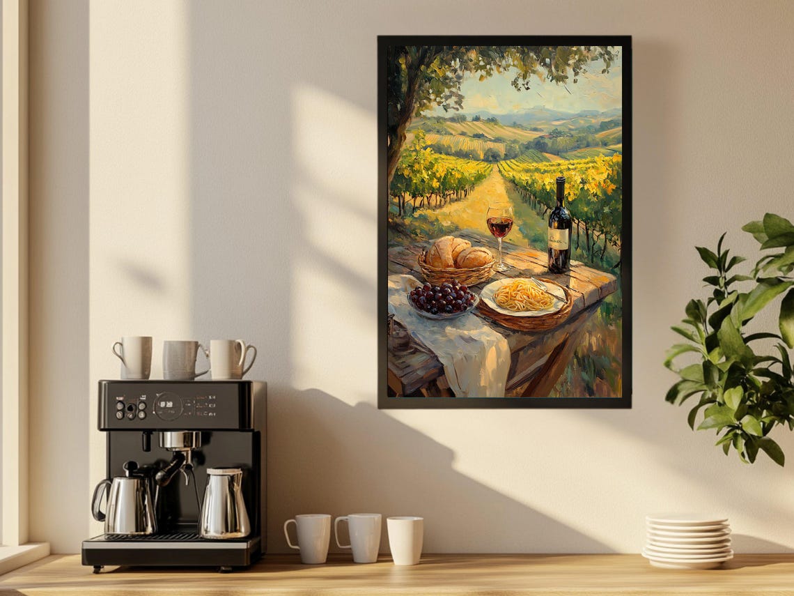 Tuscan Vineyard Picnic Still Life with Wine and Bread Poster - Image 2