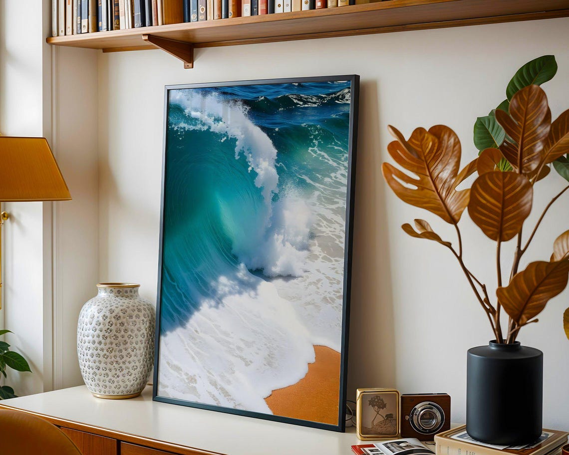 Turquoise Ocean Wave Crashing on Sandy Shore Aerial Photo Poster - Image 3