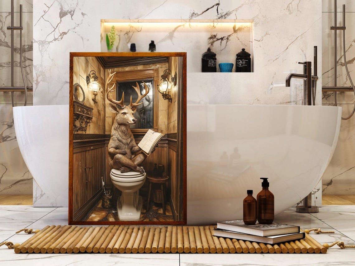 Stag Deer Reading a Book While Sitting on a Vintage Toilet Poster - Image 5