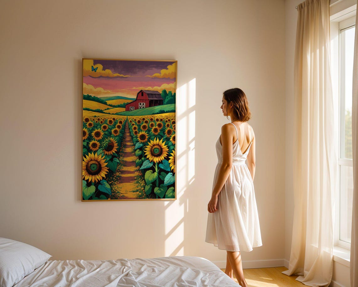 Sunflower Field Path Red Barn Golden Hour Farm Sunset Art Print - Image 4