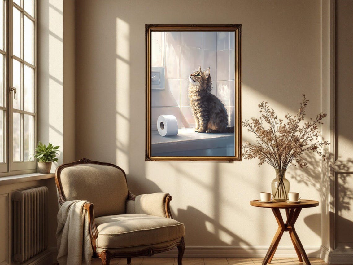 Long Haired Cat Basking in Sunlight Beside Toilet Paper Poster - Image 4