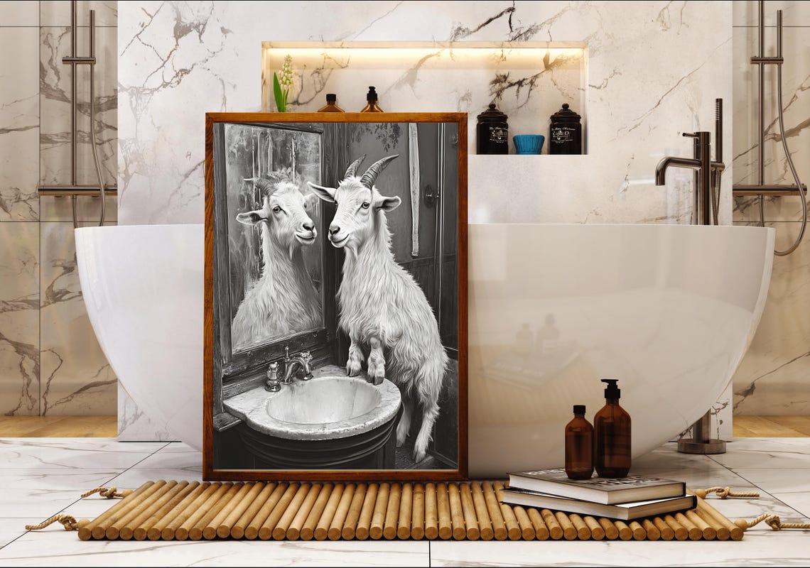 Goat Standing on a Bathroom Sink Admiring Its Reflection Poster - Image 5