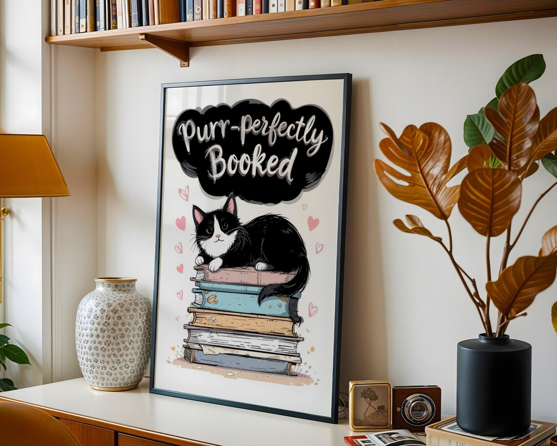 Purr-fectly Booked Cat Reading Books Stack Funny Book Lover Gift Poster - Image 3