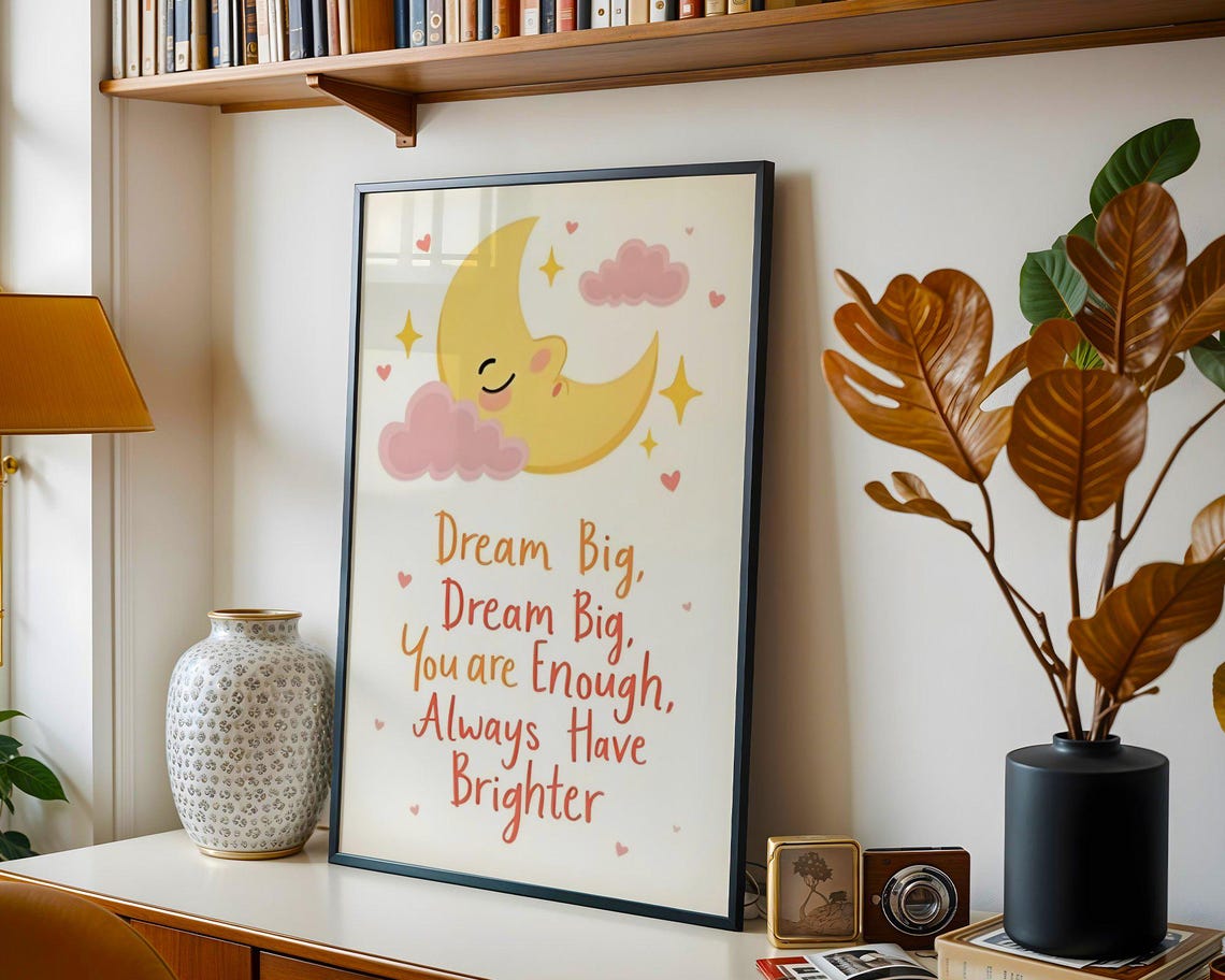 Dream Big Sleeping Crescent Moon and Stars Nursery Quote Poster - Image 5