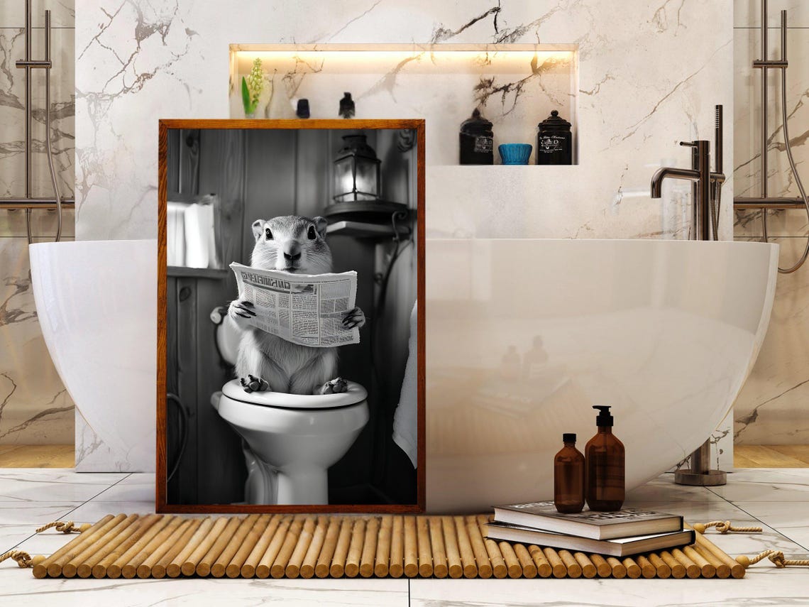 Squirrel Reading Newspaper on the Toilet Black and White Poster - Image 5