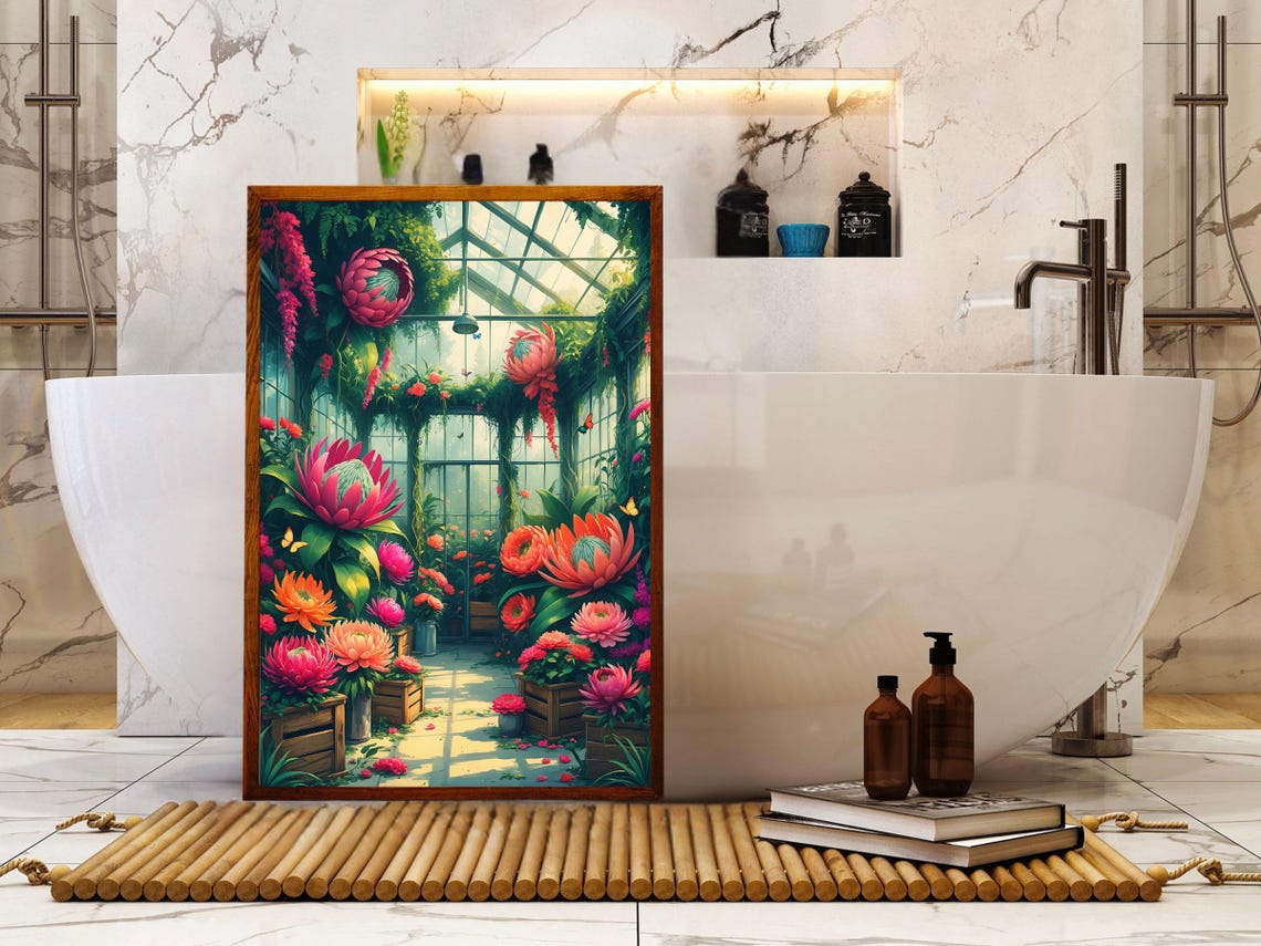 Lush Greenhouse Interior Filled With Giant Pink Protea Flowers Poster - Image 5