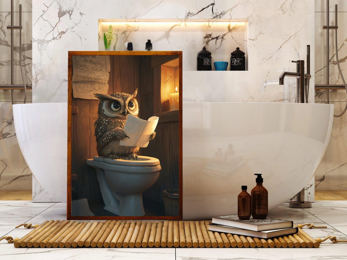 Little Owl Reading Letter On Toilet In Rustic Bathroom Animal Poster - Image 5