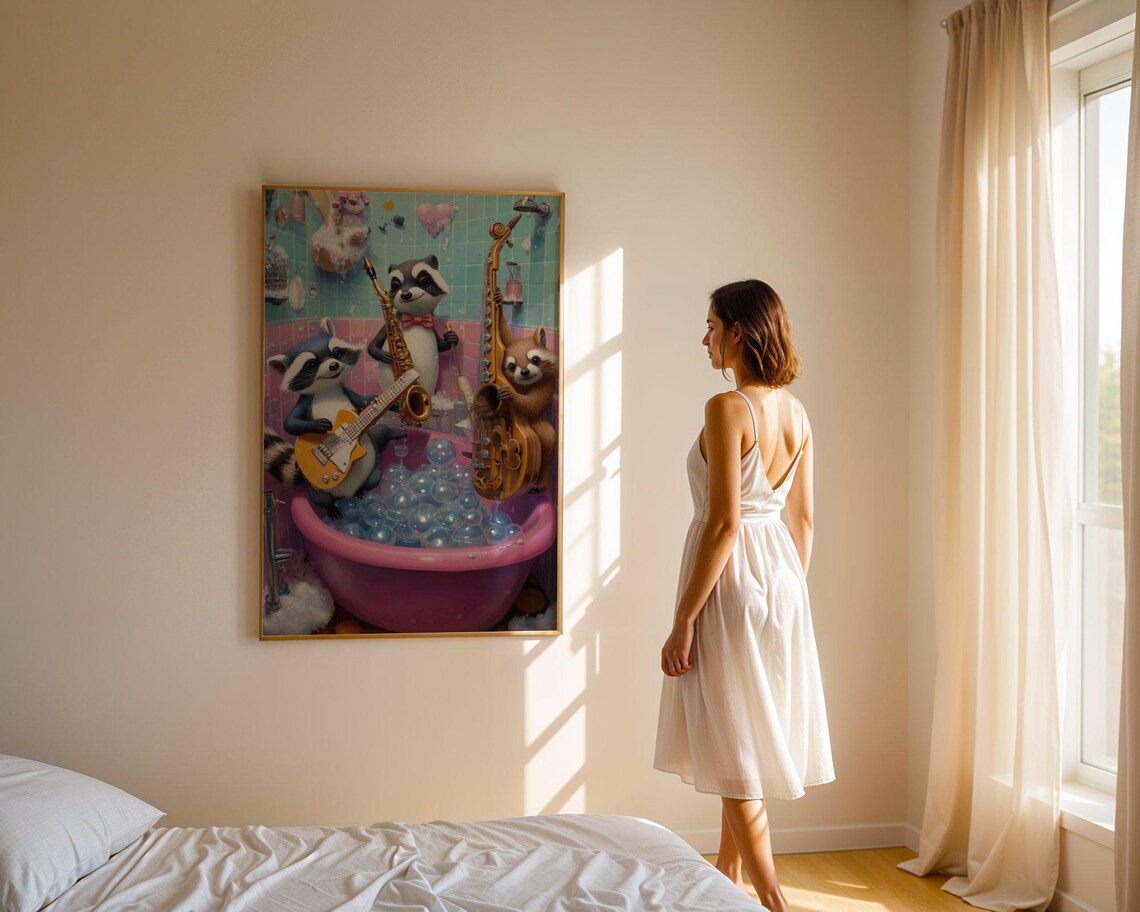 Raccoon Jazz Band Playing in a Bubble Bath Pink Tub Party Print - Image 3