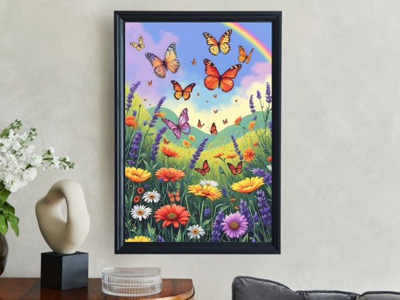 Vibrant Butterfly Garden Wall Art Colorful Nature Scene Print Floral Butterfly Art Whimsical Garden Decor Spring Floral Poster