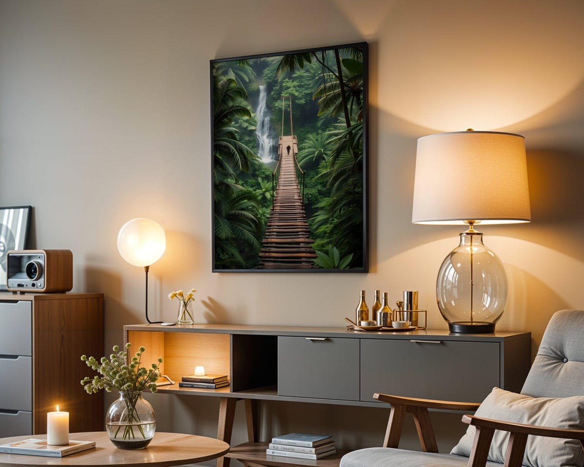 Long Suspension Bridge Crossing Over a Jungle Waterfall Poster - Image 5