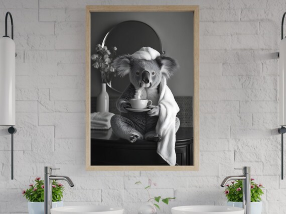 Koala Wrapped In Towel Drinking Coffee Black And White Poster