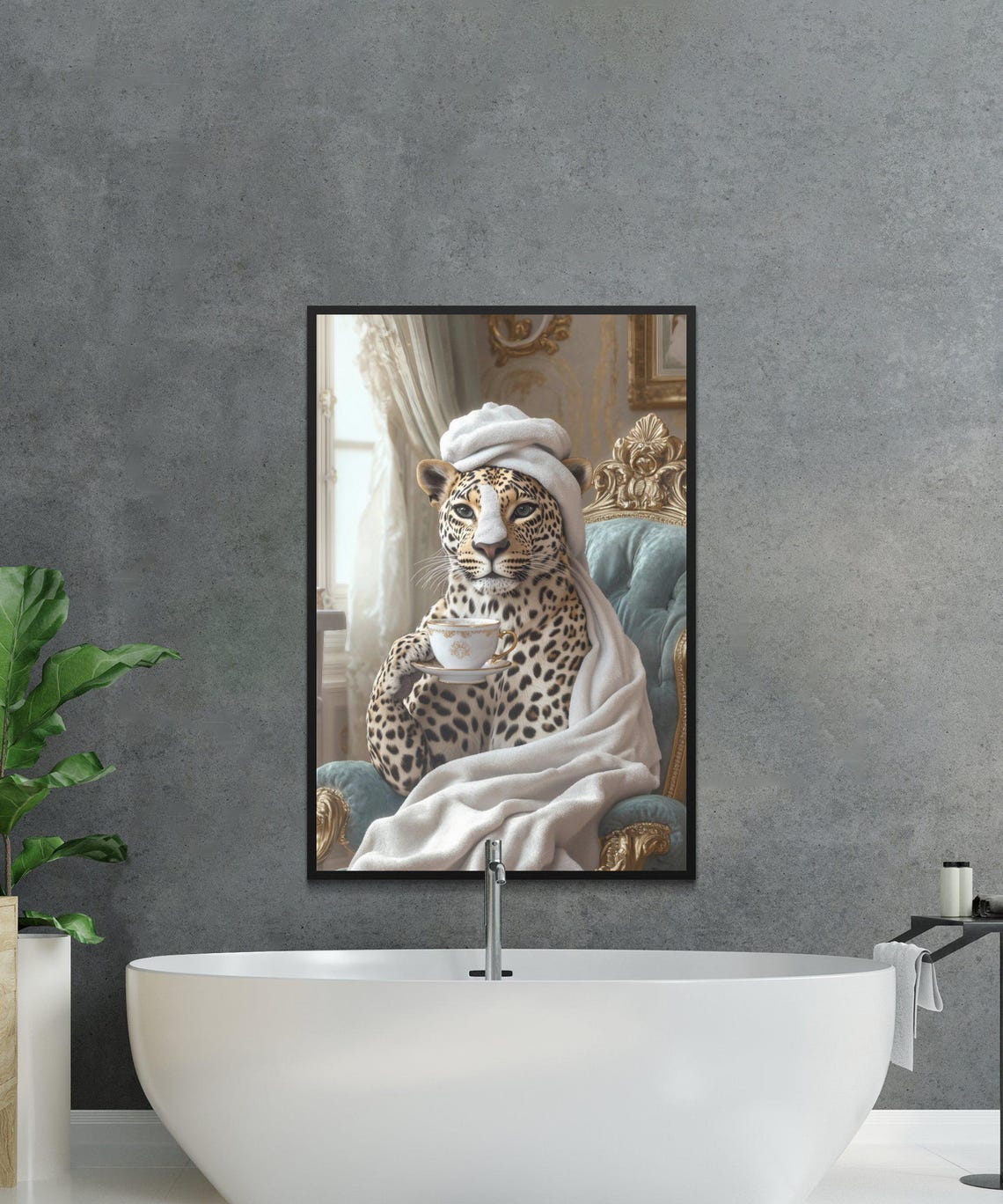Leopard in a Towel Turban Sipping Tea on a Velvet Chair Poster - Image 2