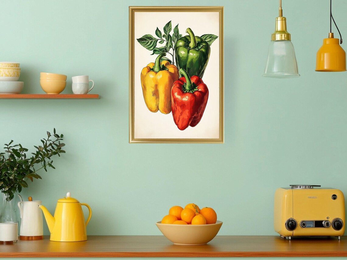 Colorful Bell Peppers Trio Botanical Vegetable Kitchen Poster - Image 3