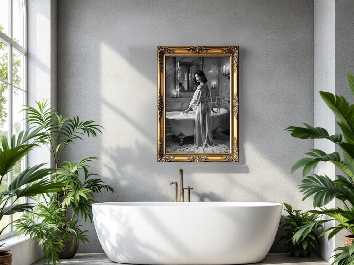Elegant Bath Scene Wall Art Black And White Bathroom Decor Relaxing Woman Poster Luxury Gothic Artwork Romantic Home Prints - Image 2