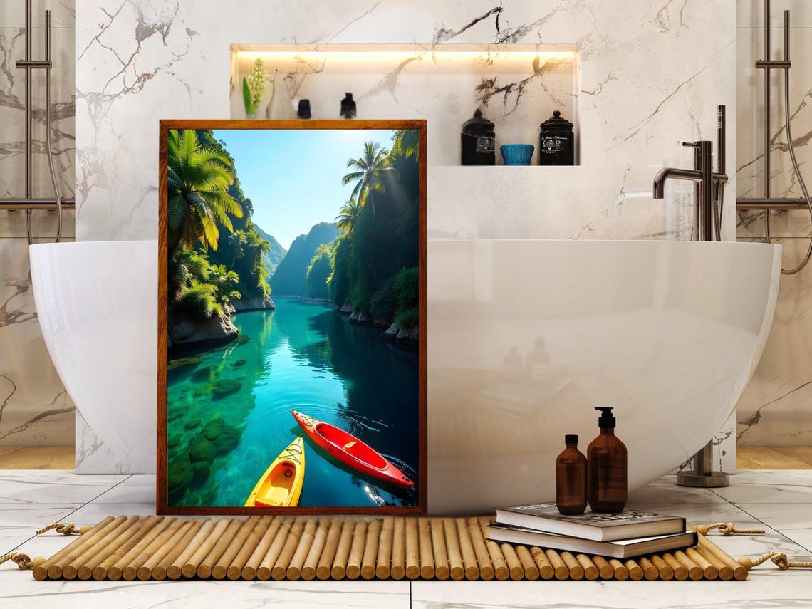Red and Yellow Kayaks in Turquoise Jungle River Gorge Poster - Image 2