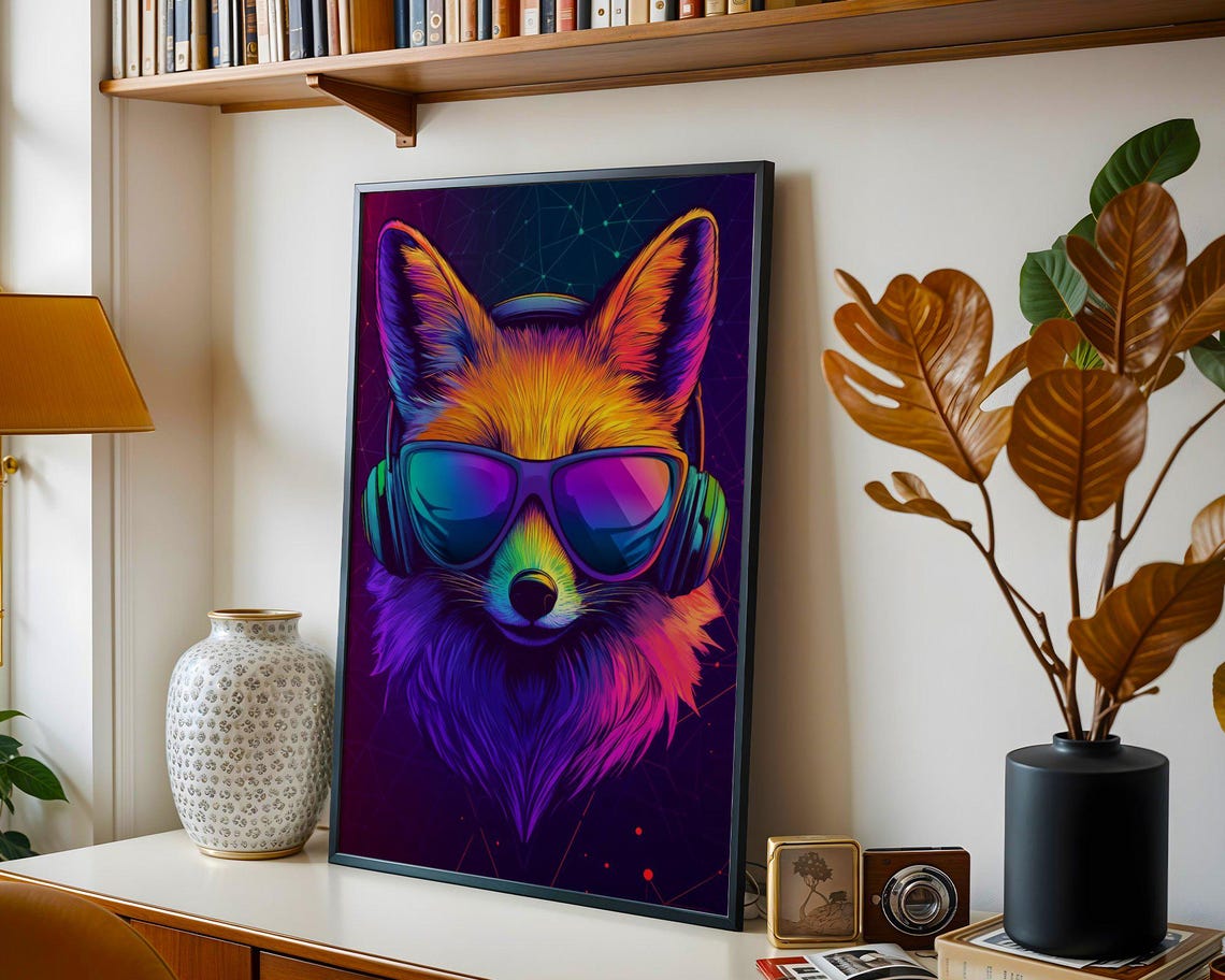 Neon Pop Art Fox with Headphones and Sunglasses Colorful Poster - Image 5