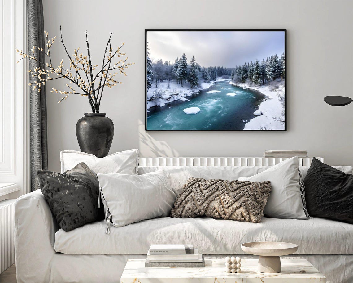 Snowy River Winding Through Pine Forest Winter Wonderland Poster - Image 4