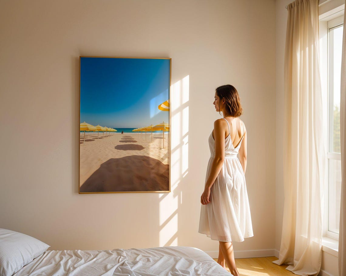 Yellow Beach Umbrellas Row on Sand Under Bright Blue Sky Poster - Image 4