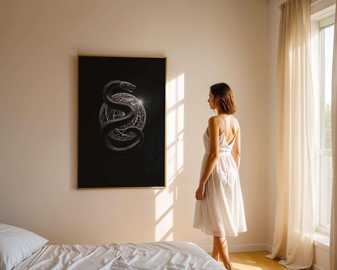 Mystical Snake Black And White Wall Art Geometric Serpent Print Modern Minimalist Decor Unique Reptile Artwork For Home Office - Image 5