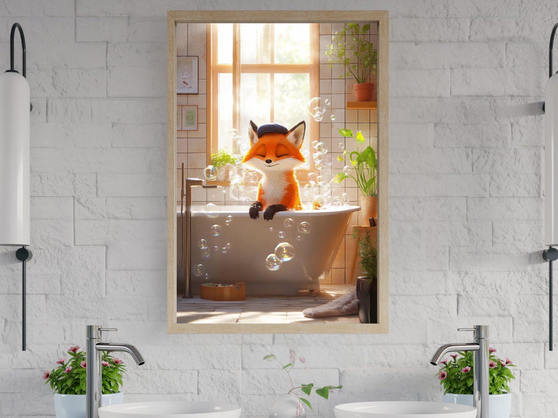 Happy Cartoon Fox in a Bubble Bath Sunny Bathroom Decor Poster