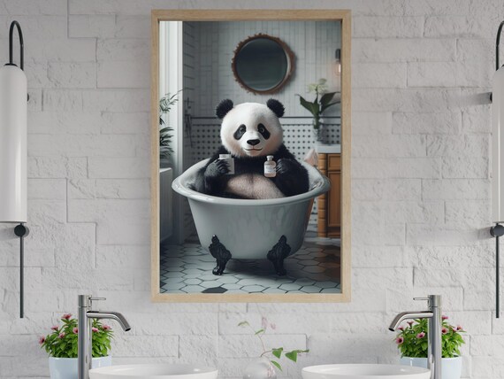 Content Panda Holding Two Bath Bottles in a Vintage Clawfoot Tub Poster