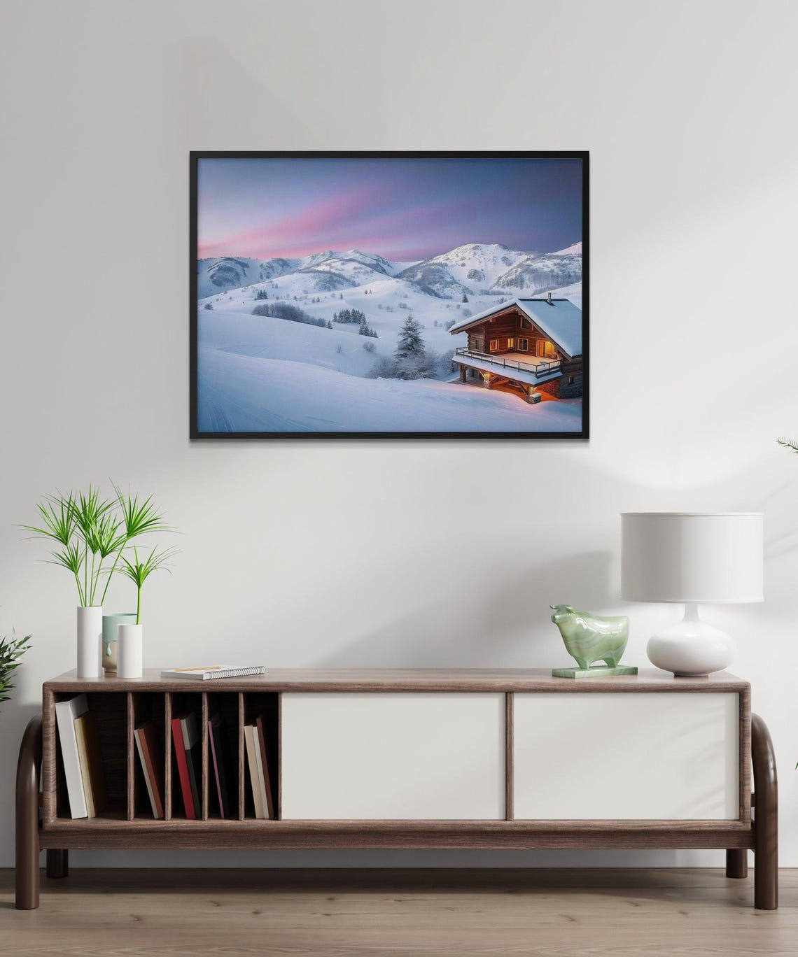 Cozy Wooden Chalet in Snowy Mountains Under a Pink Dusk Sky Poster - Image 3