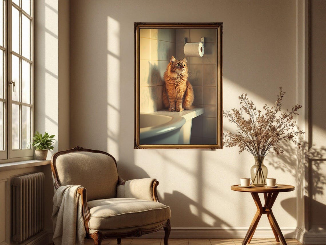 Long Haired Ginger Cat Resting on Counter in a Sunlit Bathroom Poster - Image 4