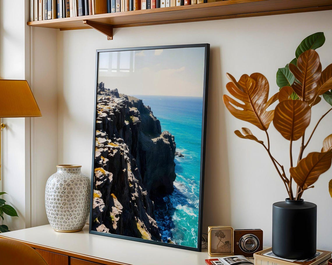 Dramatic Rocky Cliffs With Basalt Columns Above Deep Blue Ocean Poster - Image 3