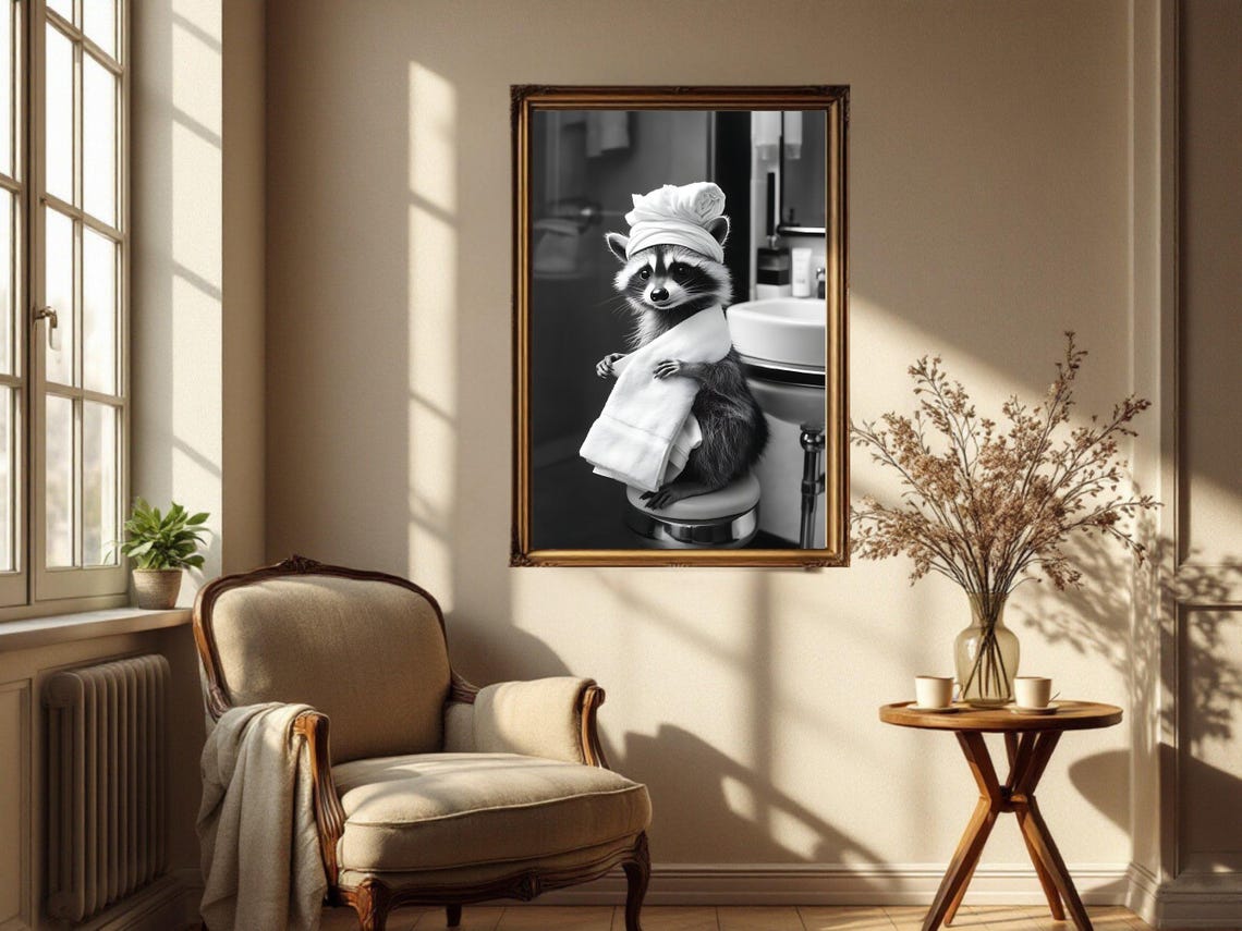 Raccoon in a Towel Turban After a Bath Black and White Poster - Image 4