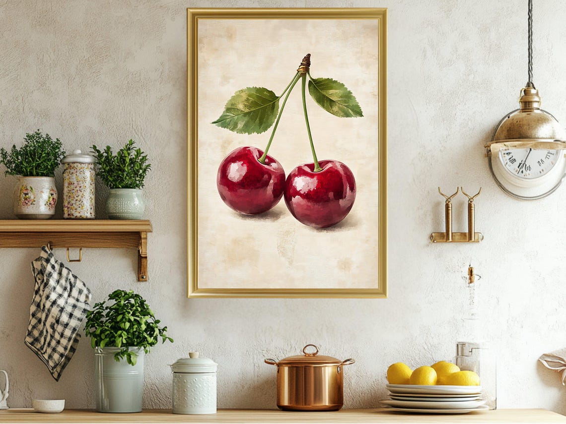 Sweet Red Cherry Watercolor Fruit Illustration Kitchen Poster