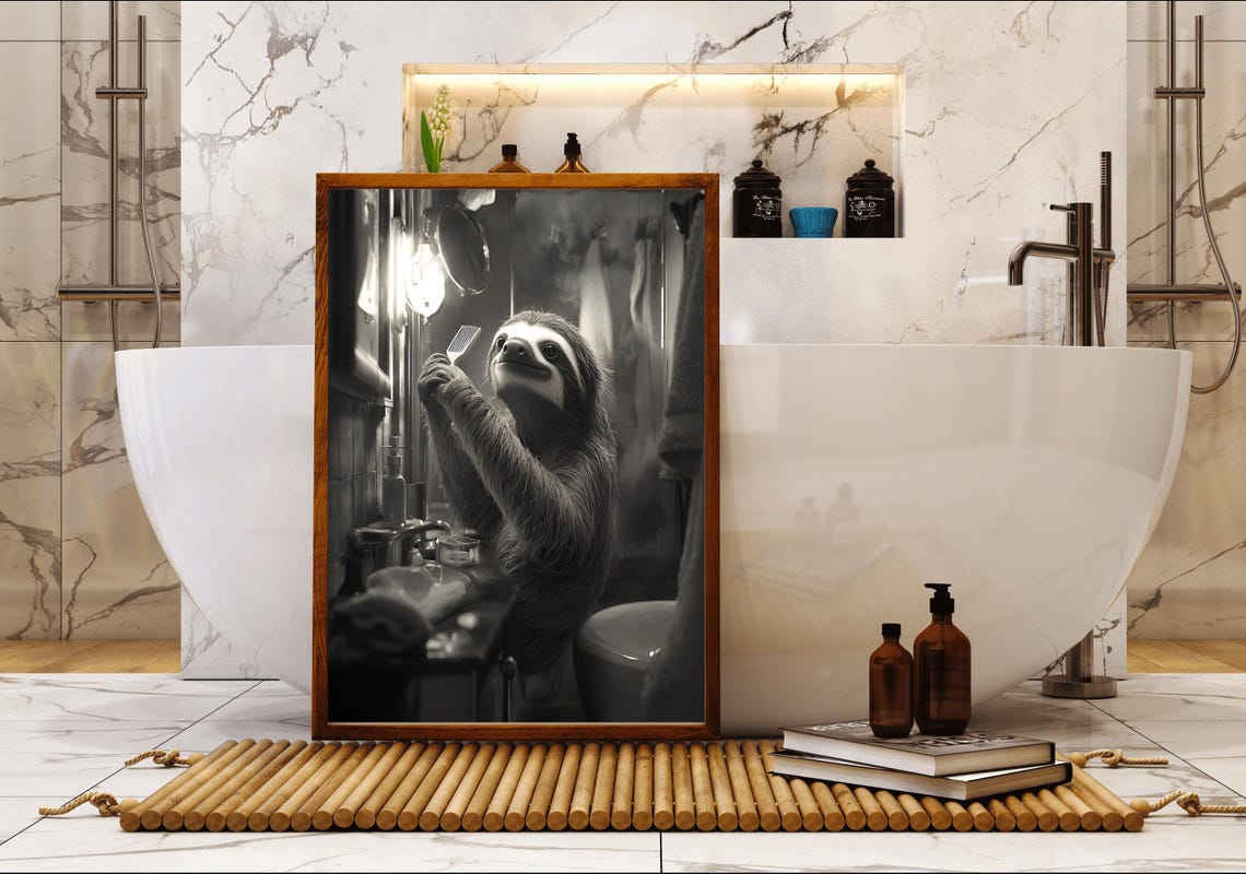 Sloth Brushing Its Teeth in a Vintage Bathroom Black and White Poster - Image 5