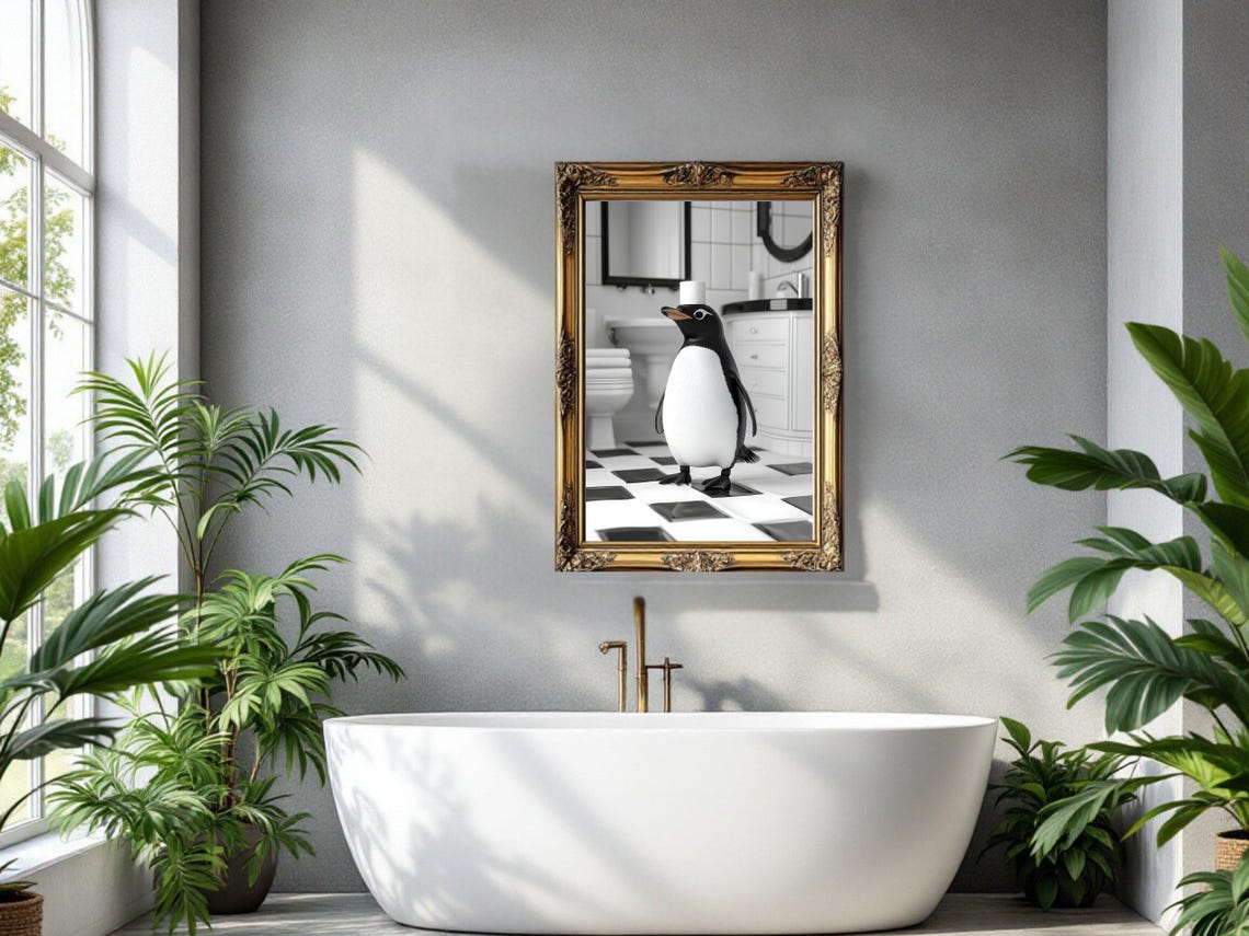 Penguin In Checkered Bathroom Black And White Funny Animal Poster - Image 3