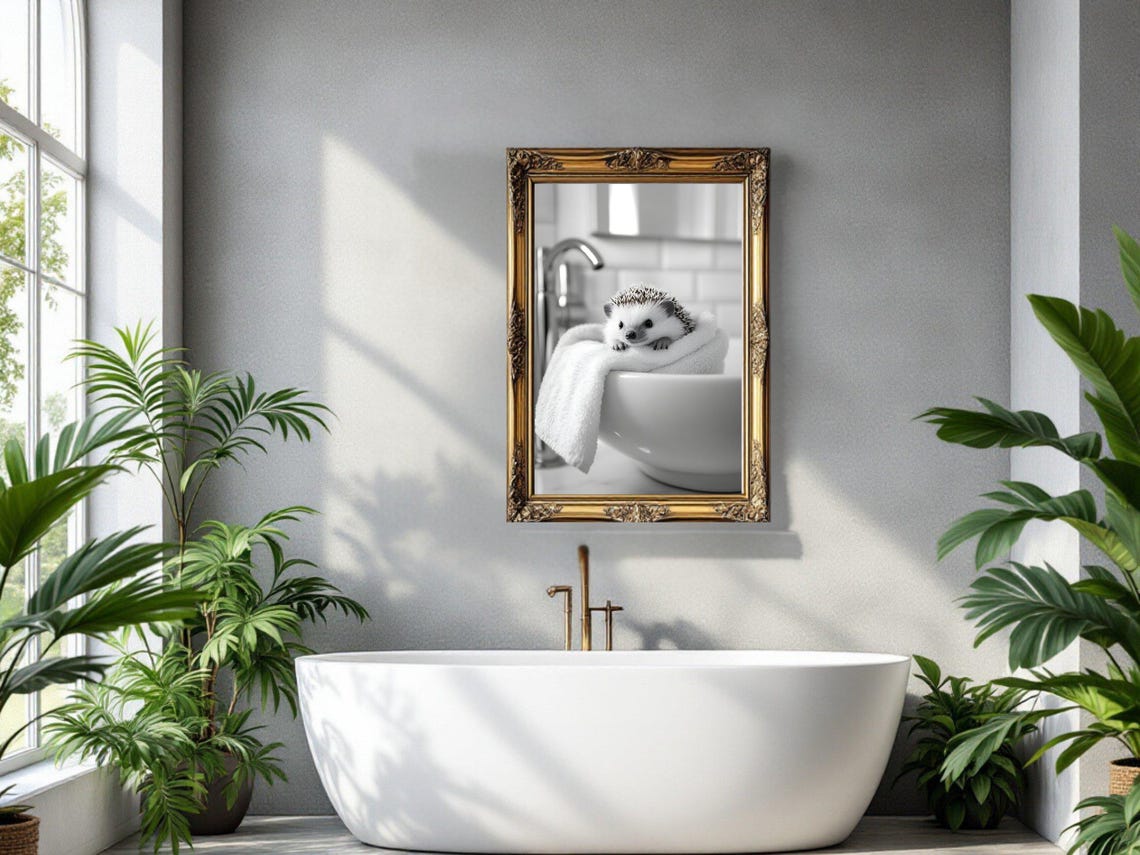 Hedgehog Peeking Over a White Towel Draped on a Sink Basin Poster - Image 3