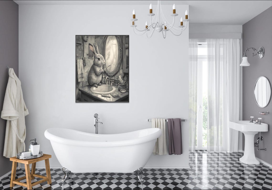 Rabbit Brushing Its Teeth at a Vintage Sink Monochrome Sketch Poster - Image 2