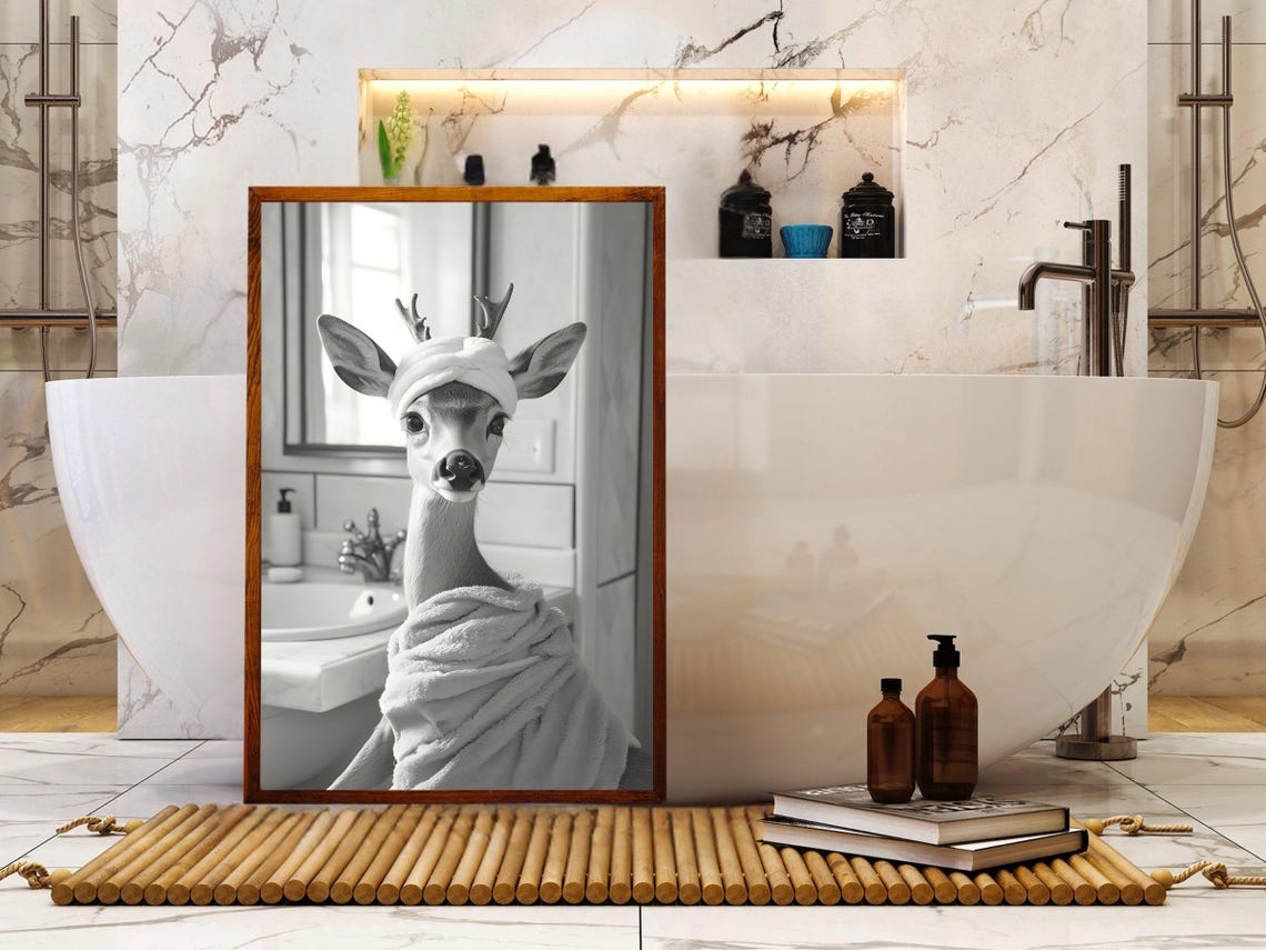 Adorable Deer Wrapped in a Towel Enjoying a Spa Day Bathroom Poster - Image 5