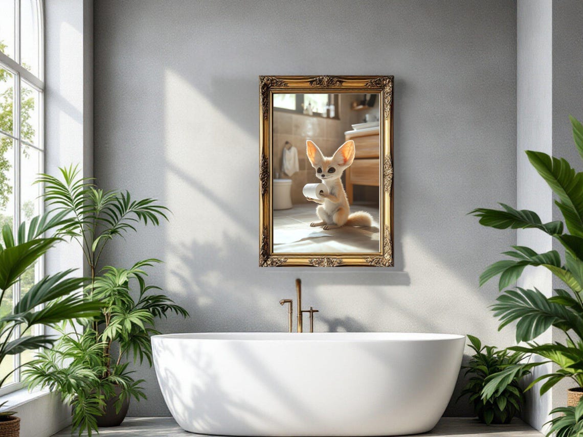 Baby Fennec Fox Holding Toilet Paper in Sunlit Bathroom Poster - Image 3