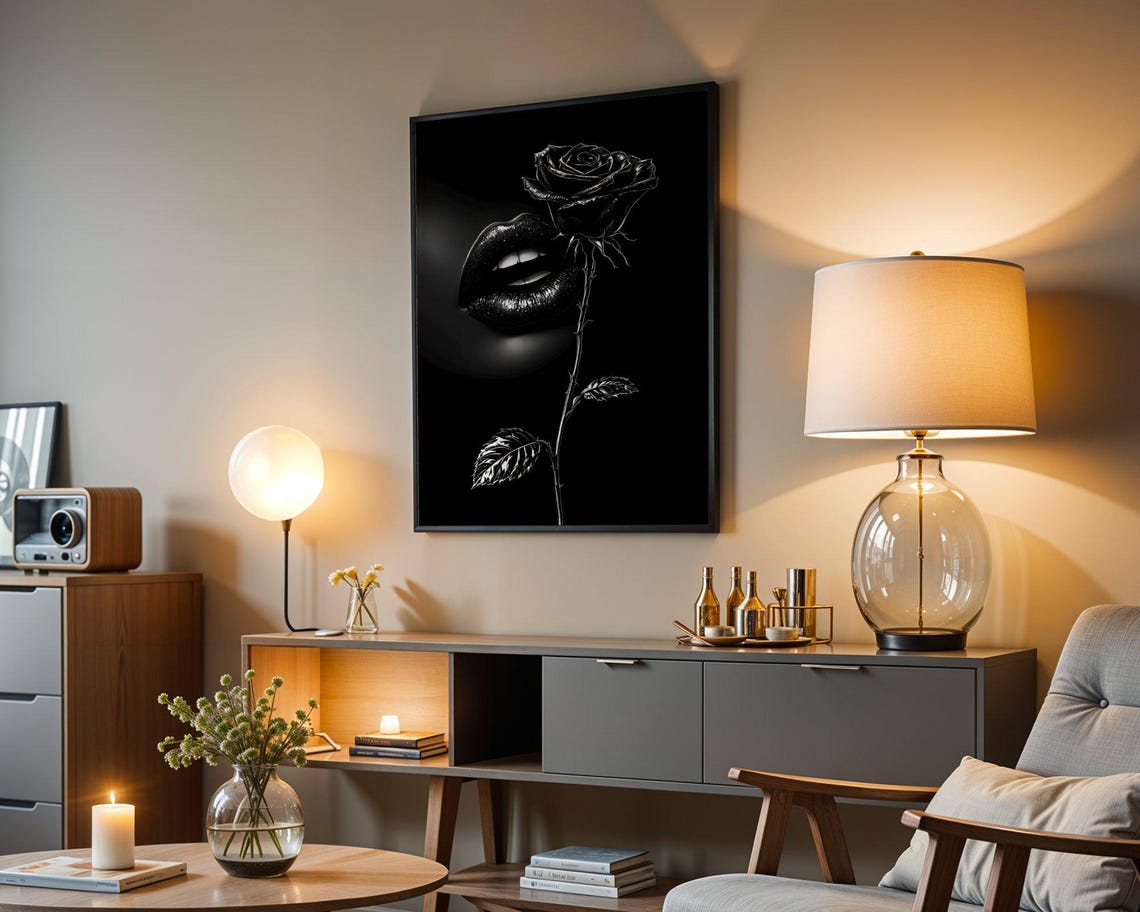 Black Rose And Glossy Dark Lips Gothic Floral Beauty Allure Poster - Image 3