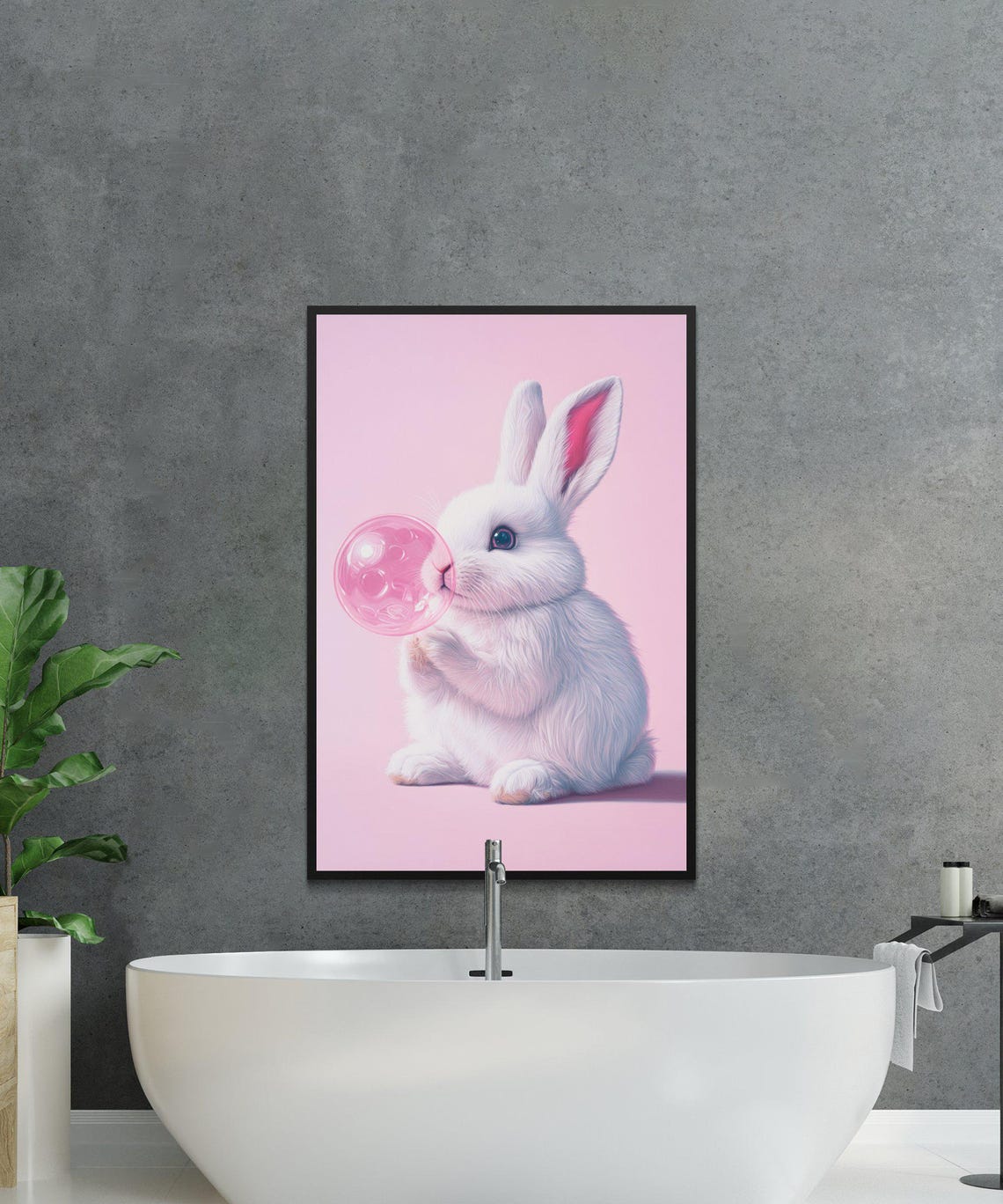 White Bunny Blowing Pink Bubblegum Bubble Pastel Kids Room Poster - Image 4