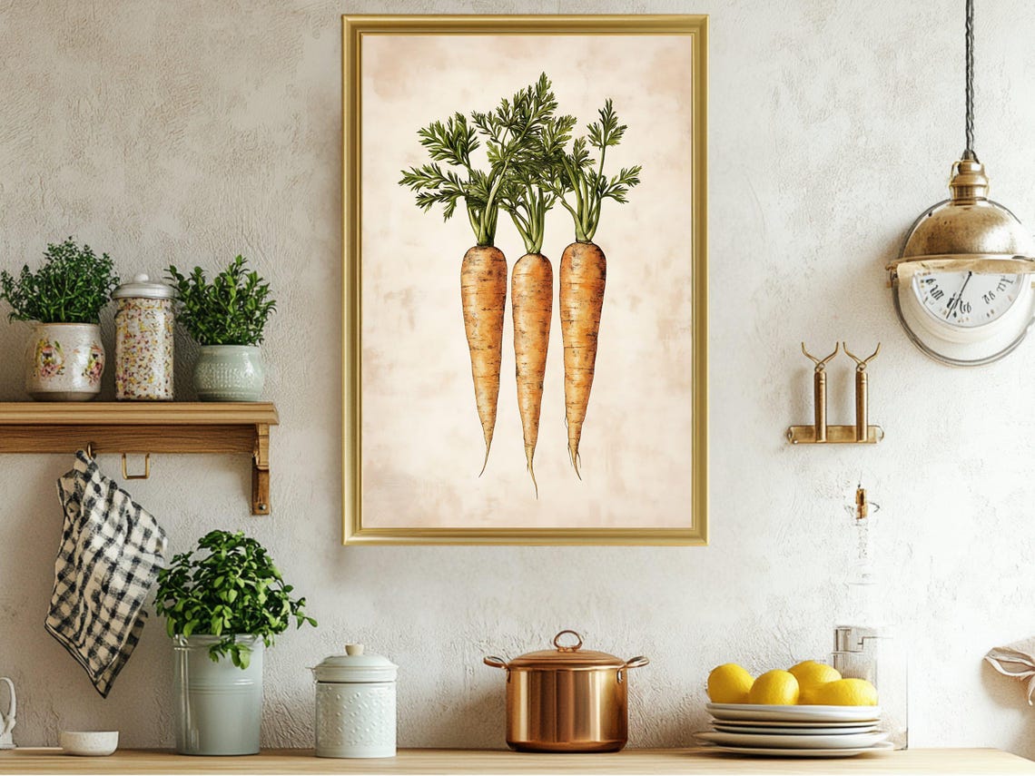 Trio of Carrots Vintage Botanical Rustic Farmhouse Kitchen Poster
