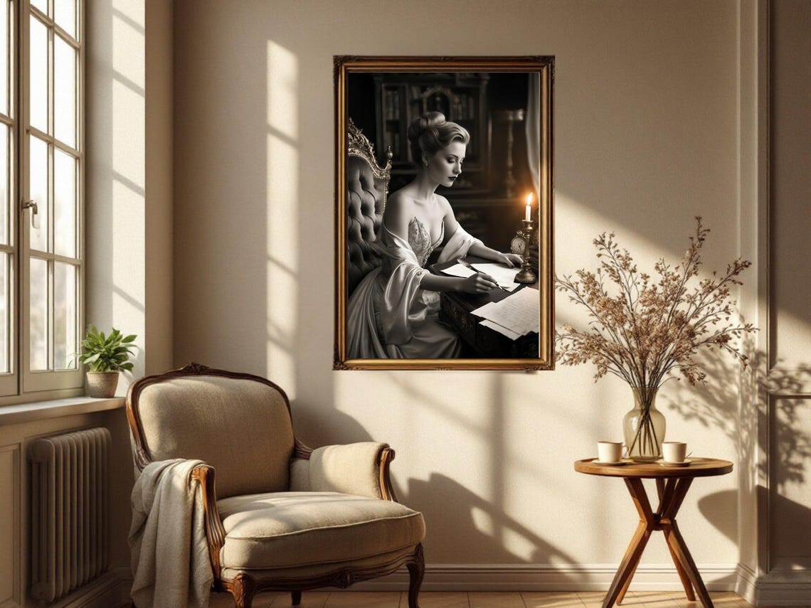 Woman in Satin Gown Writing Letters by Candlelight, Vintage Poster - Image 2