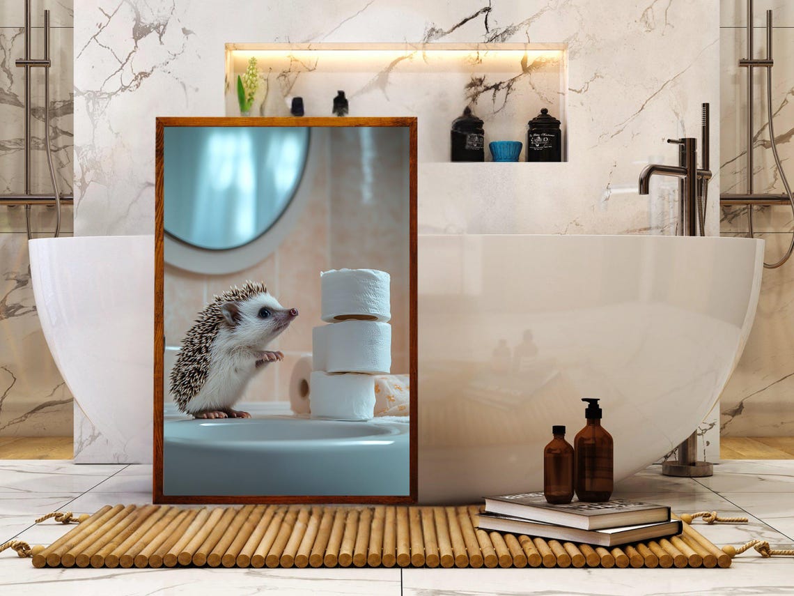 Curious Hedgehog on a Bathroom Sink Beside Toilet Paper Rolls Poster - Image 5