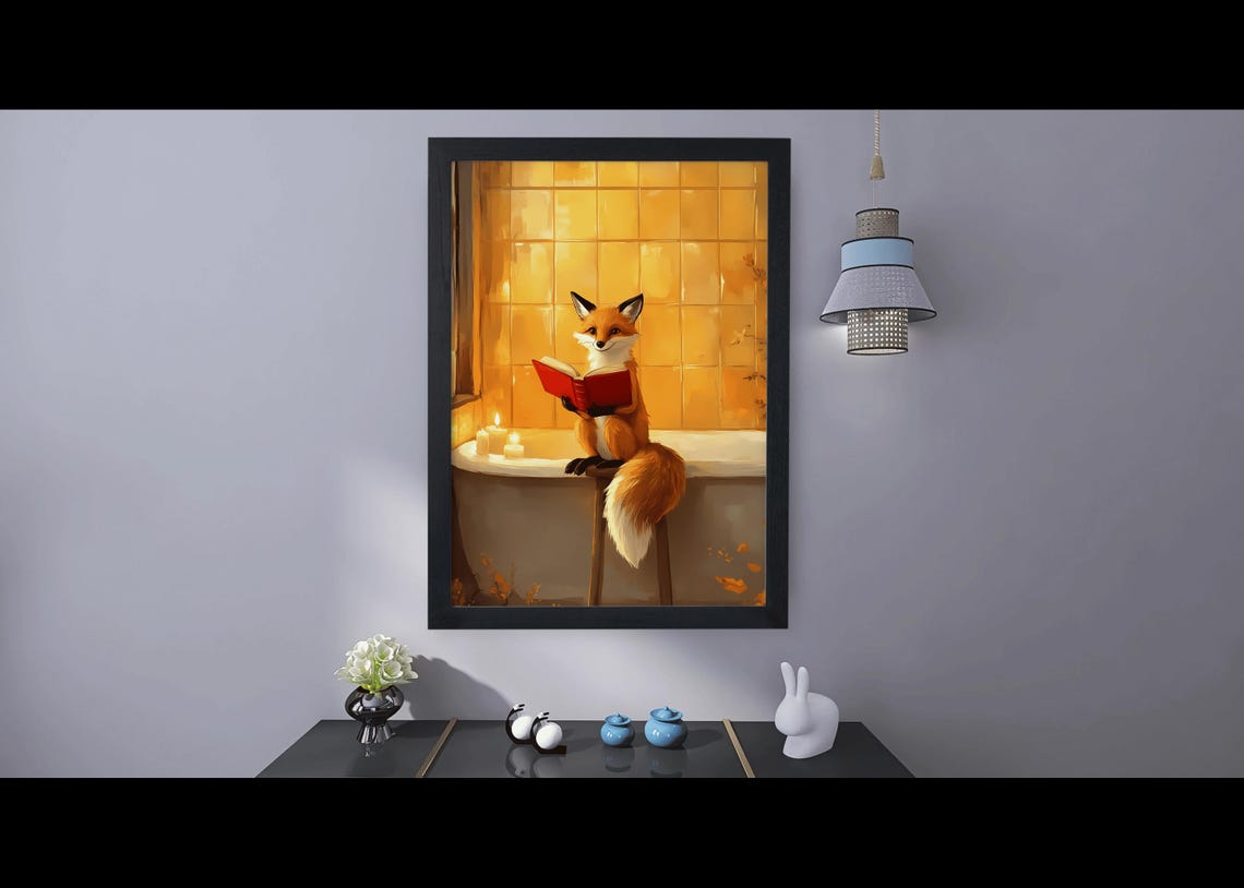 Orange Fox Reading Book Sitting On Bathtub Edge Warm Bathroom Poster