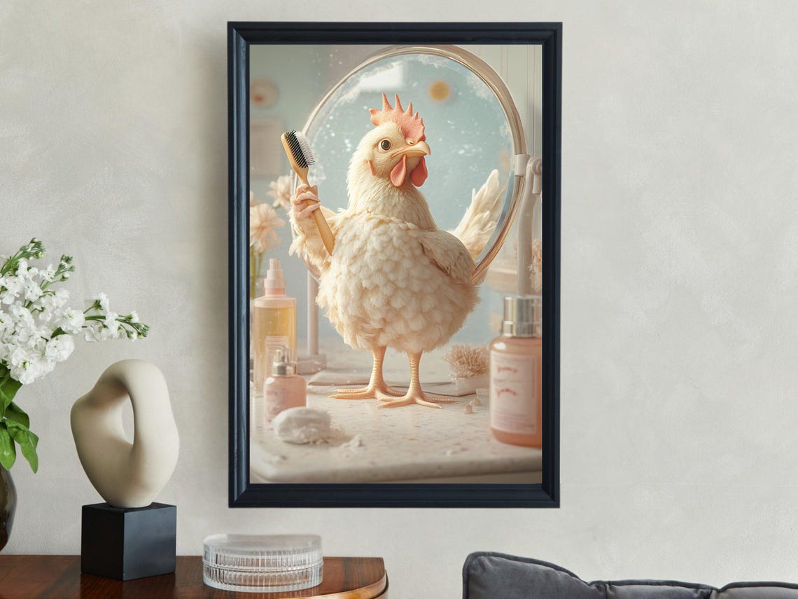 Charming White Hen Doing Her Beauty Routine at the Vanity Poster - Image 2