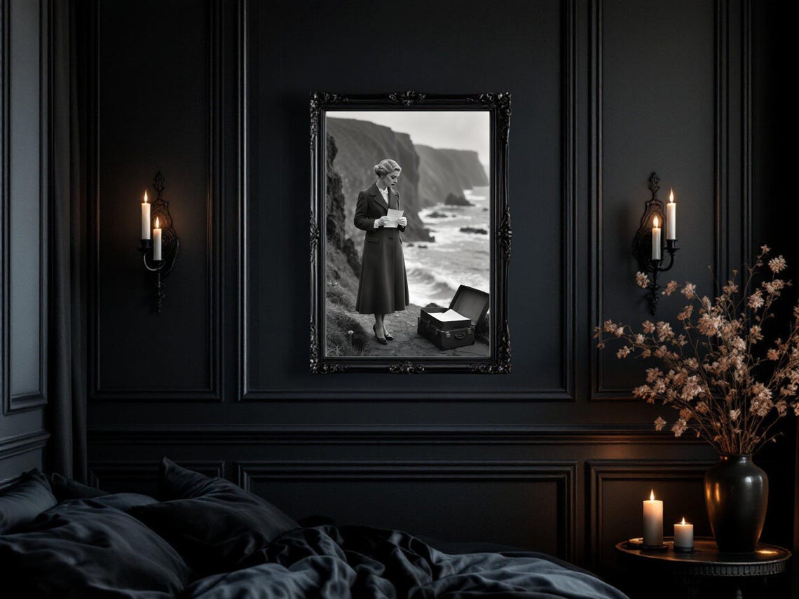 Vintage Woman Reading Letter on Coastal Cliff with Suitcase Poster - Image 3