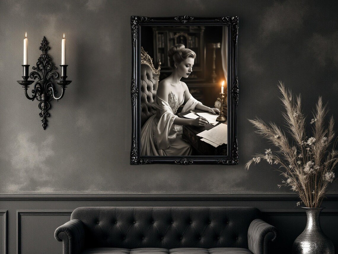Woman in Satin Gown Writing Letters by Candlelight, Vintage Poster - Image 4